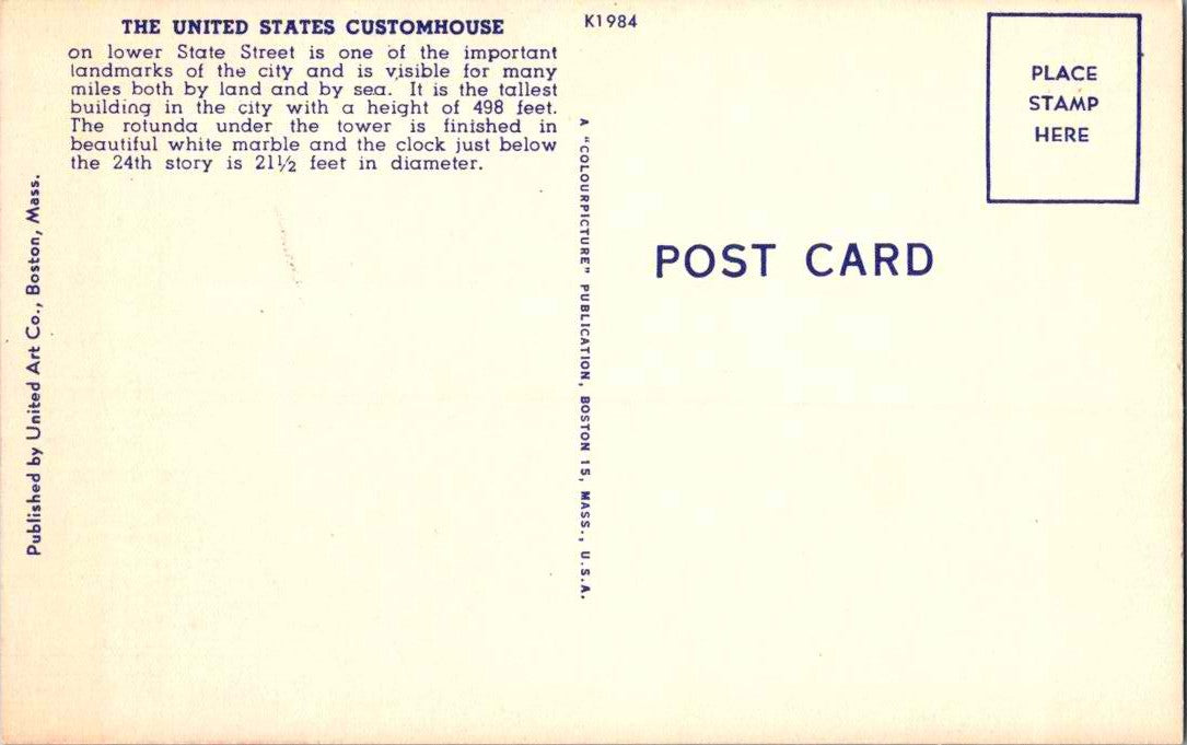 Vintage Postcard The United States Custom Boston Massachusetts