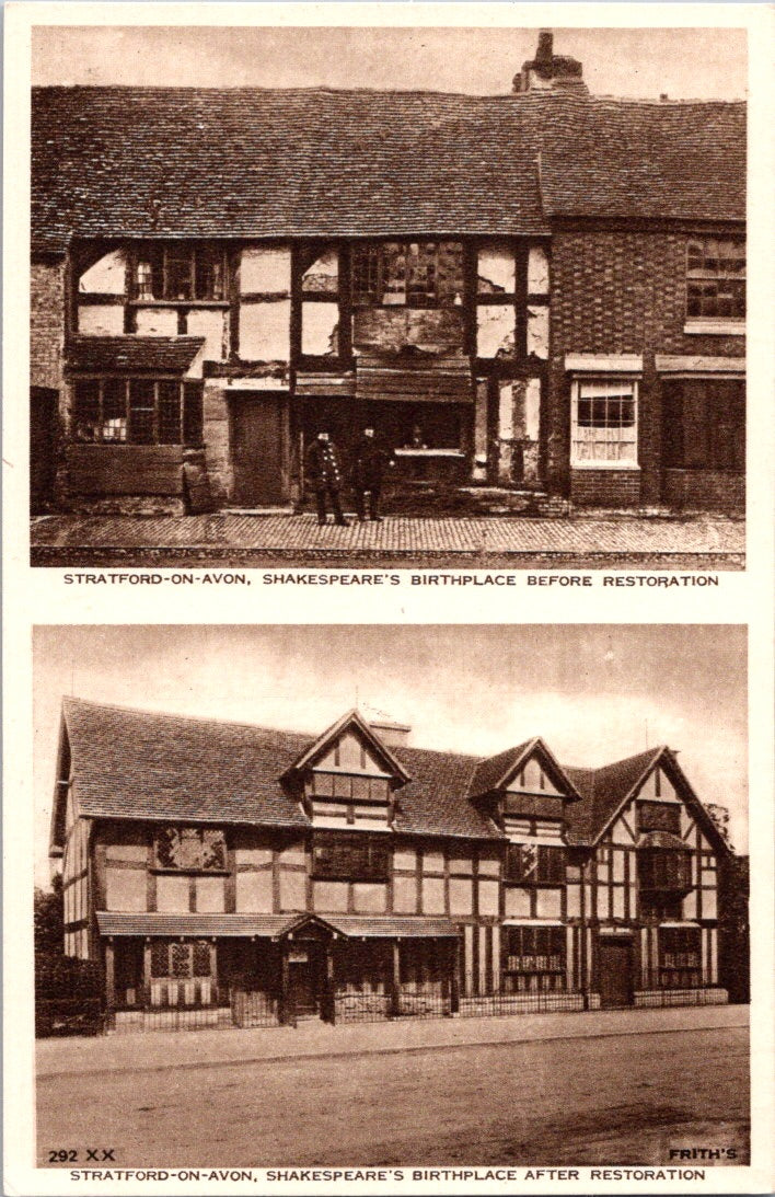 Vintage Postcard Shakespeare's Birthplace Before After Restoration England