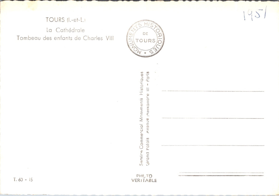 Vintage Postcard The Tours Cathedral Tomb Of The Children Of Charles VIII France