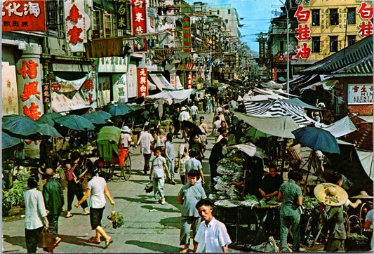 Vintage Postcard A Busy Market Street In The Heart Of Kowloon Canton Road Posted