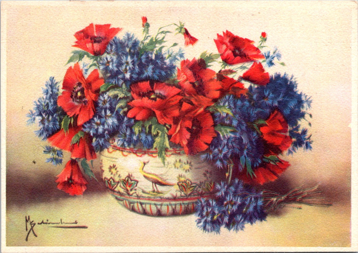 Vintage Postcard A Basket Of Beautiful Red Flowers Unposted