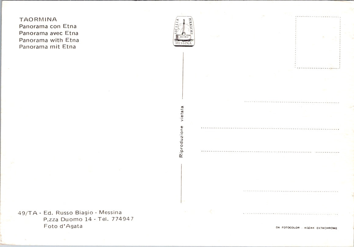Vintage Postcard Taormina Panorama With Etna Sicily Italy Unposted