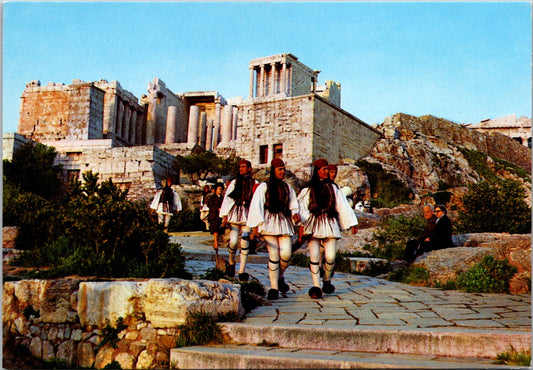 Vintage Postcard Evzones And Propylaea Of Acropolis Athens Greece Unposted