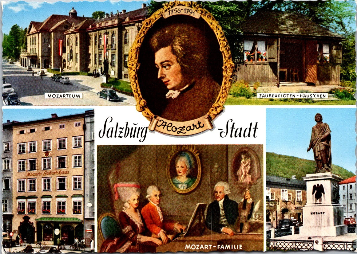 Vintage Postcard Mozart Family Monument Mozarteum Magic Flute House Austria