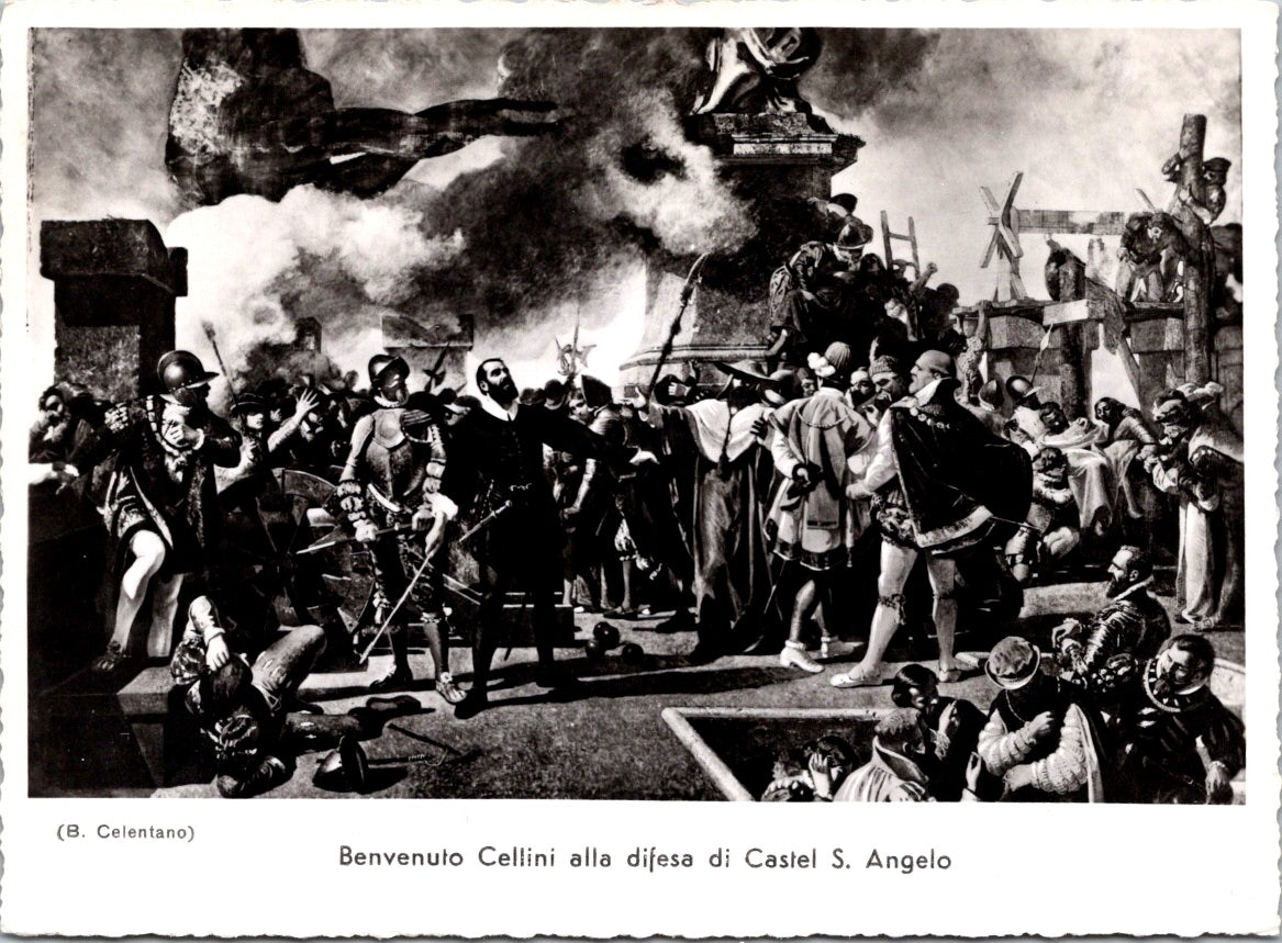 Vintage Postcard Benvenulo Cellini In Defense Of Castelo San Angelo Rome Italy