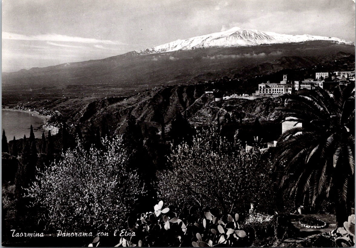 Vintage Postcard Panoramic View Of Taormina With Mount Etna Italy Unposted