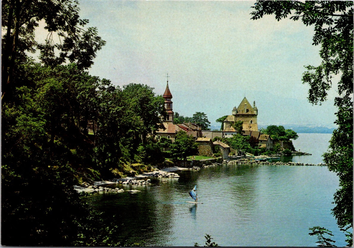 Vintage Postcard At The Lake  Leman Board cite medieval The Church Yvoire France