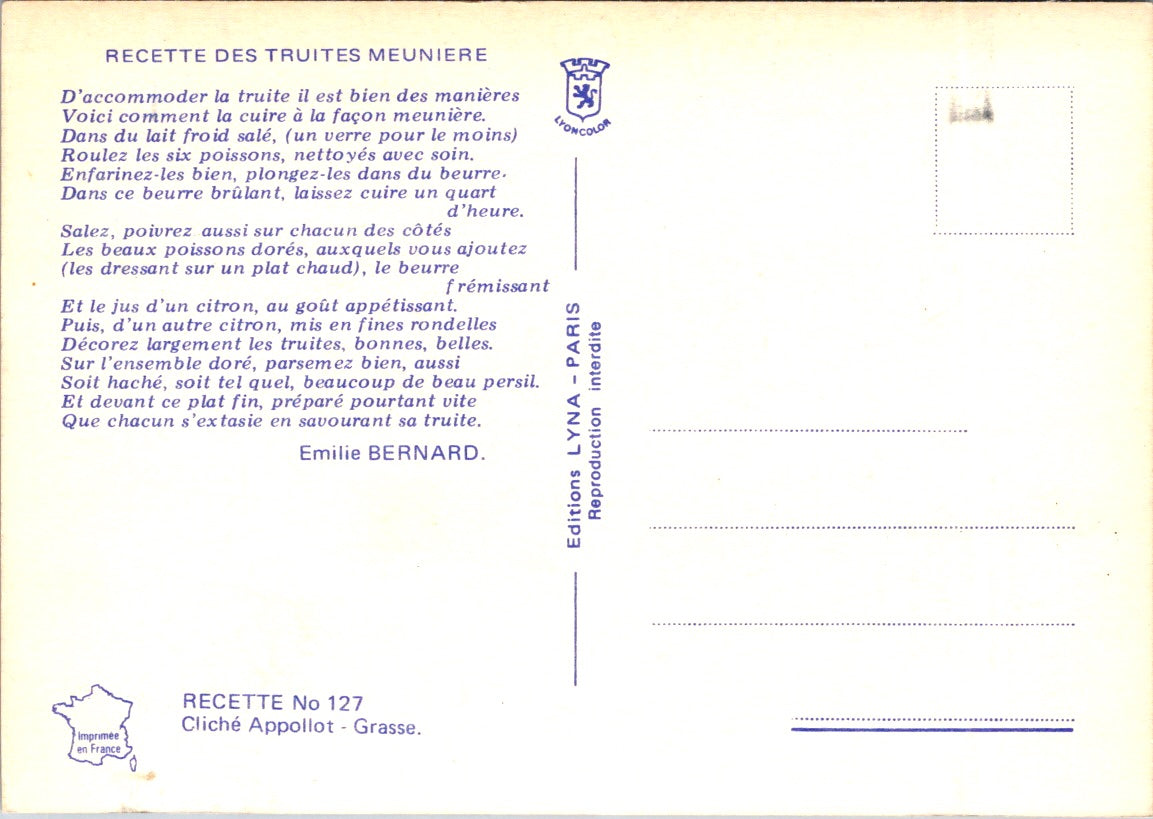 Vintage Postcard  Recipe For Truites Meuniere France Unposted