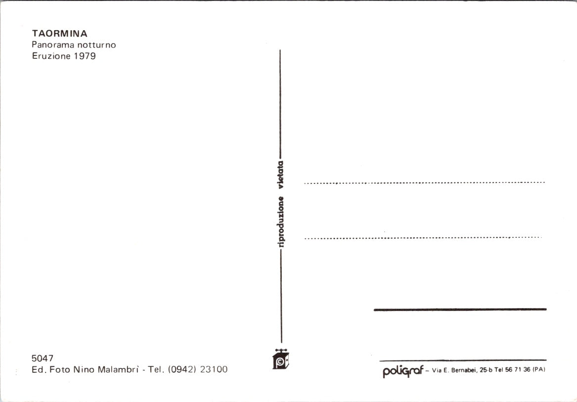 Vintage Postcard Night Panorama Eruption 1979 Taormina Italy Unposted